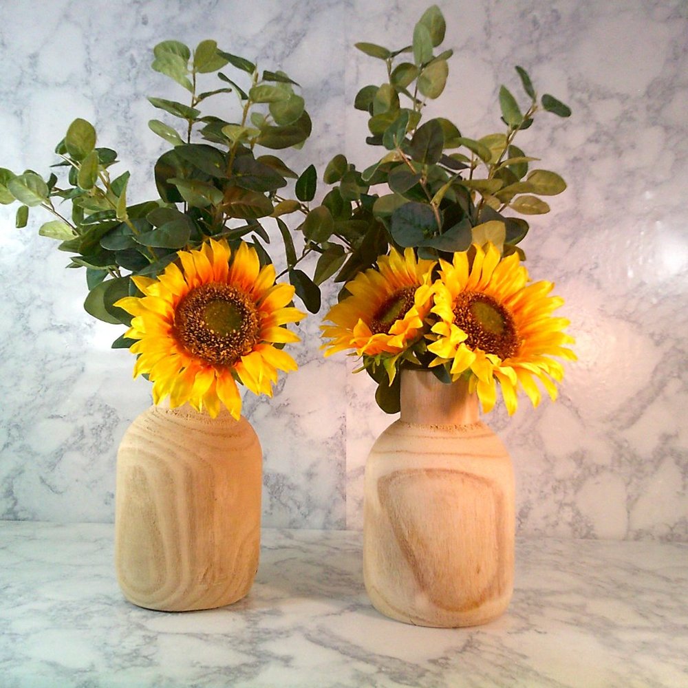 SOLD!! A Pair Of Pine Wood Vases With Faux Sunflowers